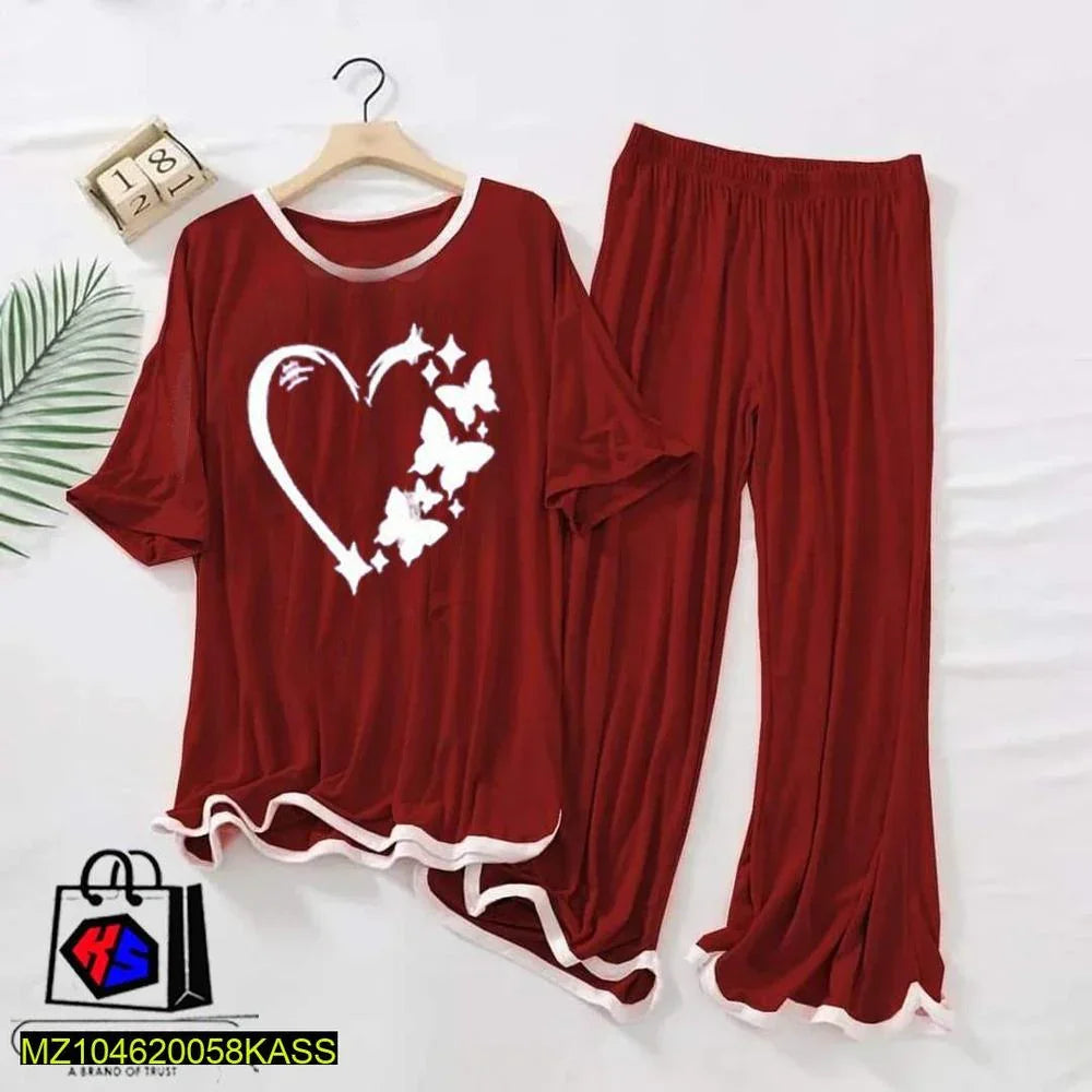 Red women's pajama set with white heart and butterfly print, short sleeve top and pants