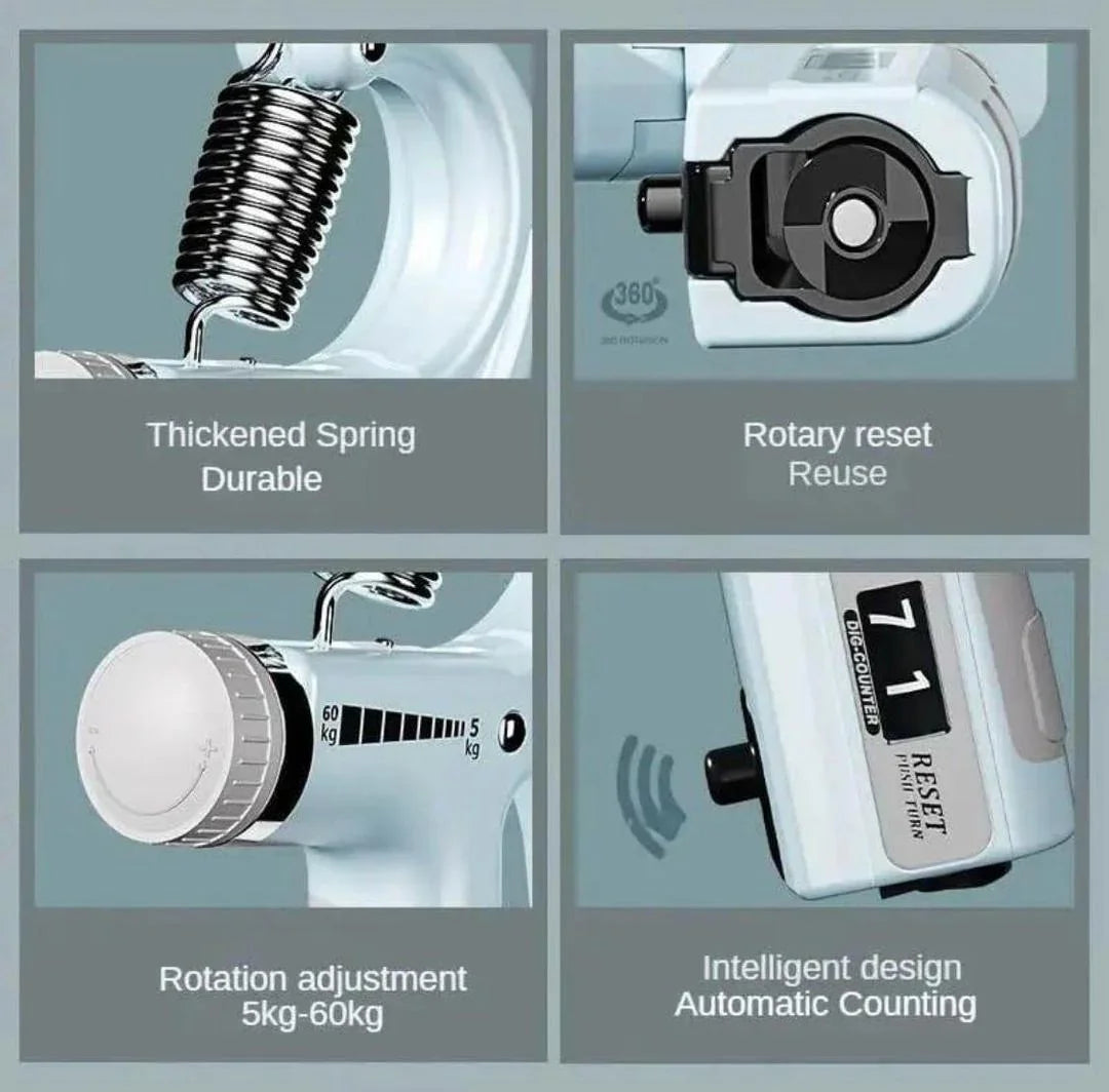 Hand grip strengthener with thickened spring, rotary reset, 5kg-60kg adjustment, and counter display