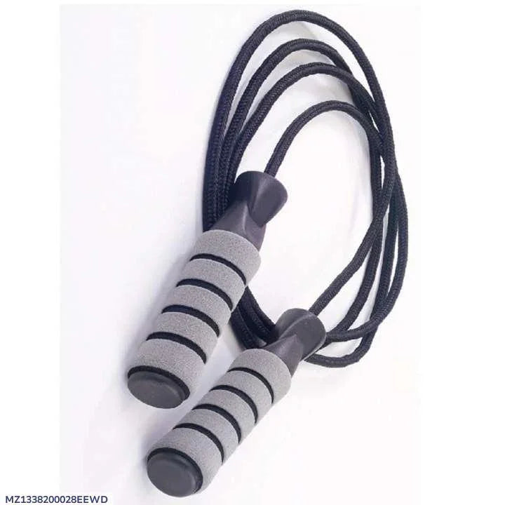 Black jump rope with foam padded grey handles for fitness exercise