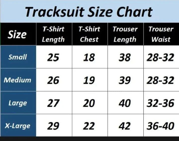 Tracksuit size chart with T-shirt and trouser measurements for small to X-large
