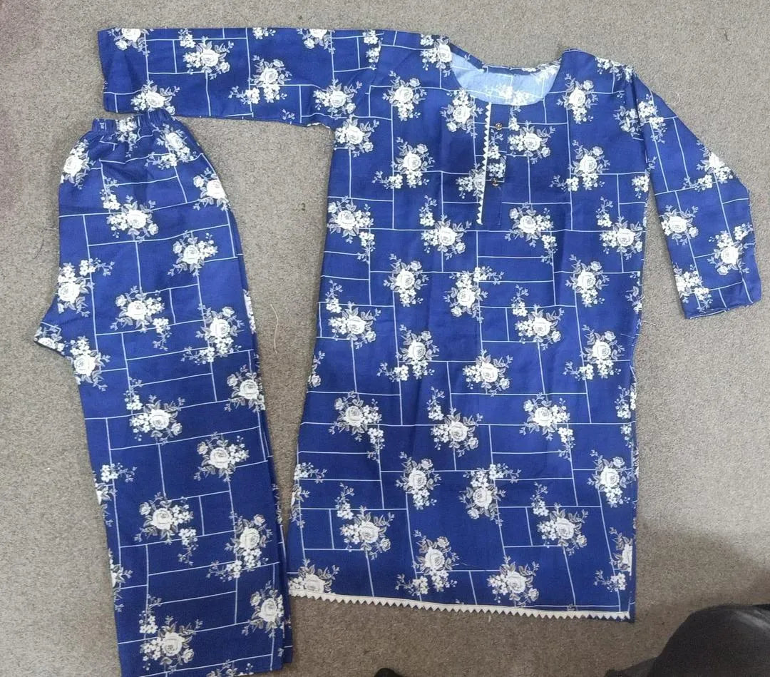 Trendy Printed Crystal Wool Shirt & Trouser Set - 2 Pcs (Blue)