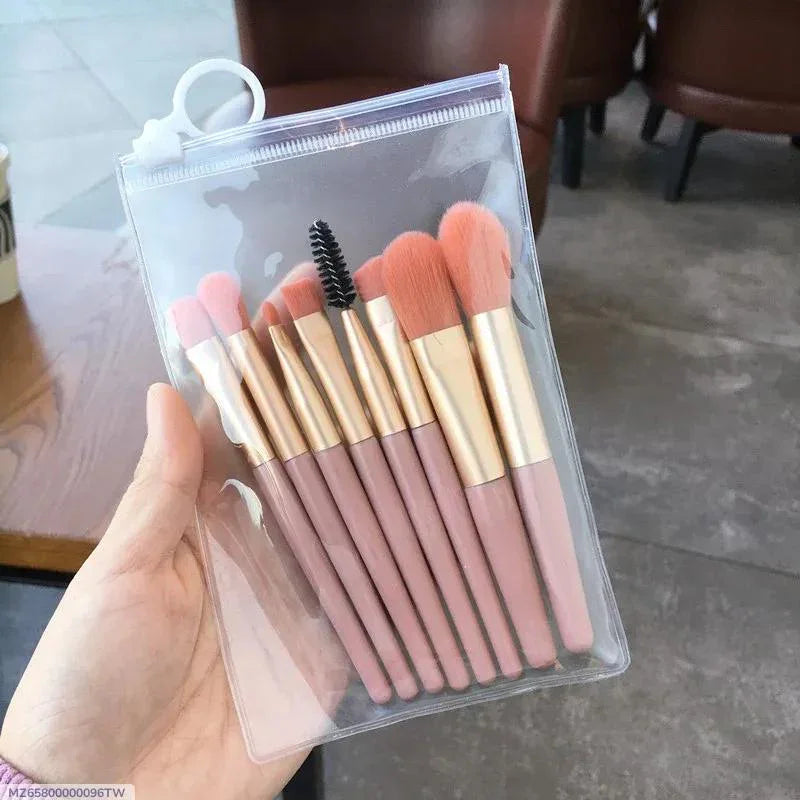 Pink and gold makeup brush set in clear zip pouch, held by hand indoors