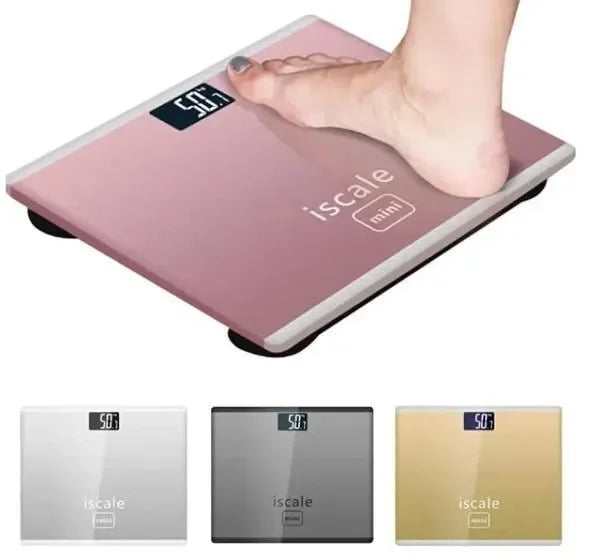 Digital iscale mini bathroom scale in pink with foot, display shows weight, color options below