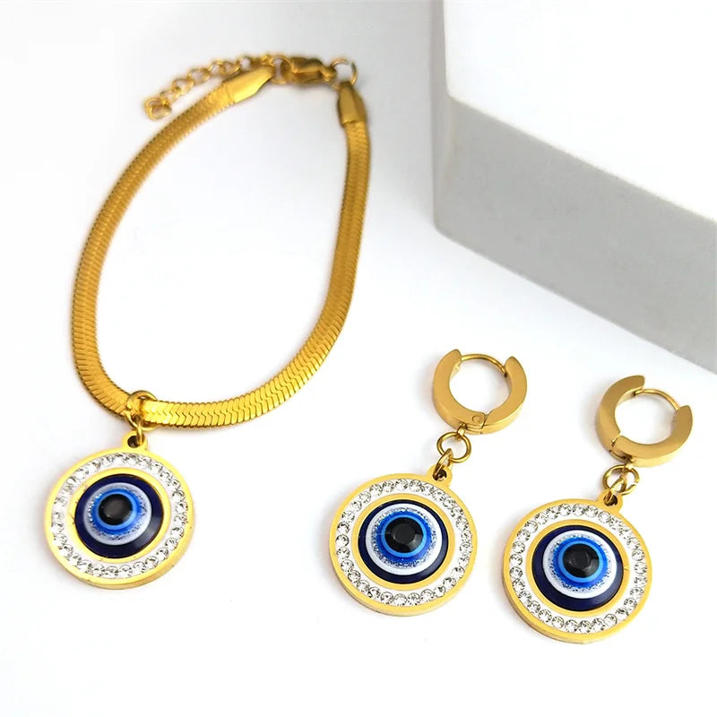 Evil Blue Eye Jewelry Set for Women Stainless Steel Luxury Crystal Magic Turkish Eye Earring Necklaces Bracelet Party Daily Wear - Nextwave Zone