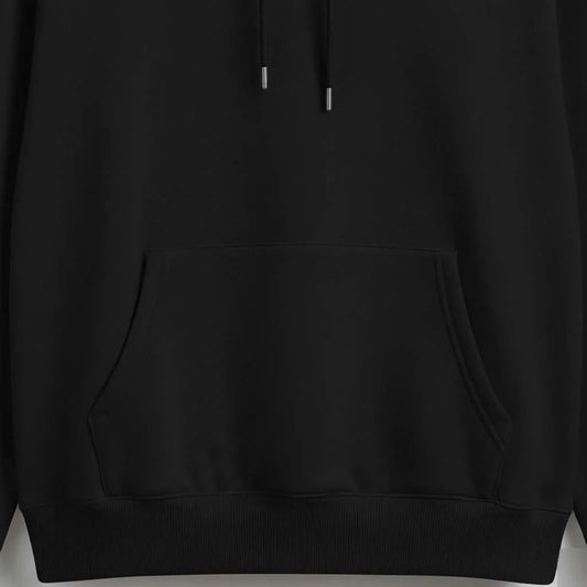 Black hoodie with kangaroo pocket and drawstrings, casual streetwear clothing