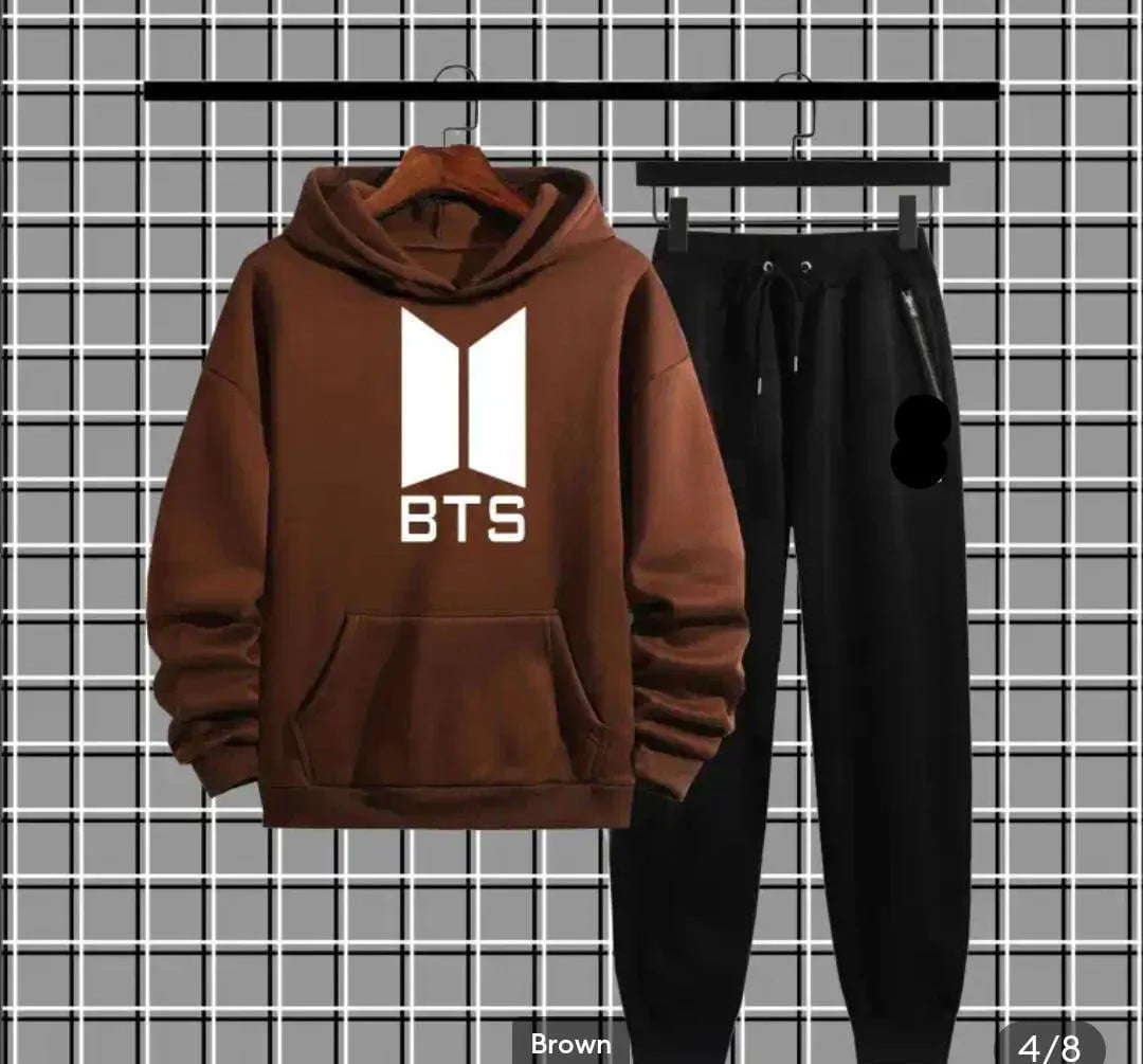 Brown BTS hoodie and black sweatpants set on checkered background