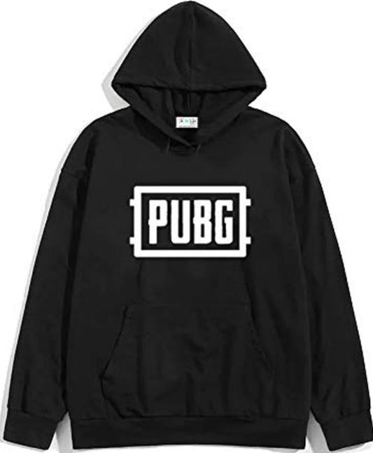 Black PUBG hoodie with front pouch pocket and white PUBG logo print
