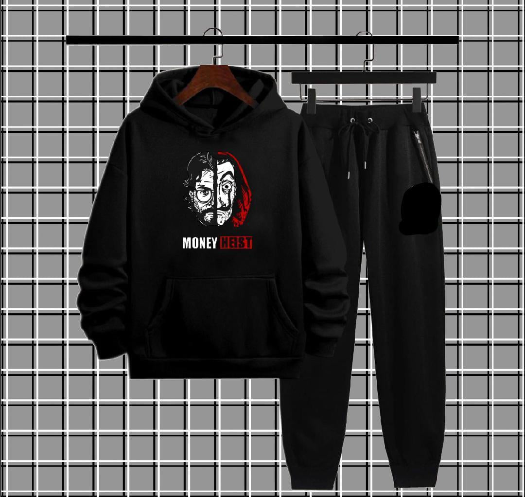 Black Money Heist hoodie and jogger set with graphic print on grid background.