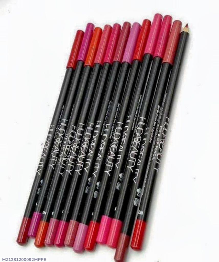 Set of multicolor Huda Beauty lip liner pencils arranged on white background