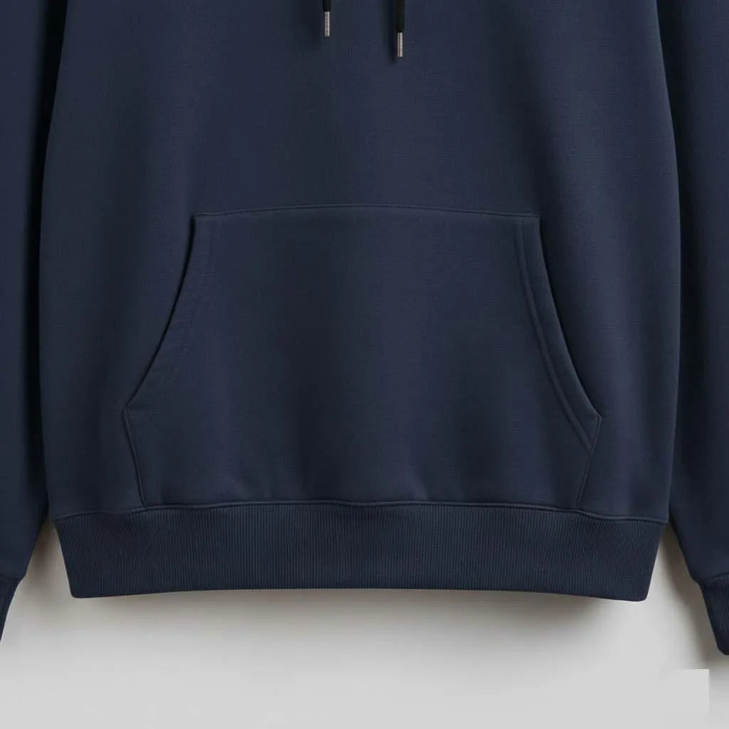 Navy blue hoodie with kangaroo pocket and drawstrings, casual streetwear