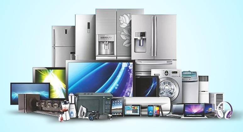Assorted electronics including TVs, refrigerators, laptops, cameras, washing machine, and gadgets