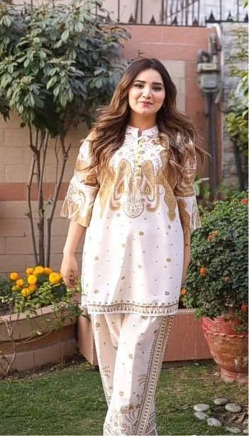 2 Pcs Women's Swiss Lawn Printed Co-Ord Set – Golden | Pista Collection