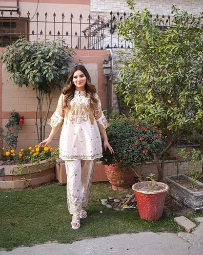 2 Pcs Women's Swiss Lawn Printed Co-Ord Set – Golden | Pista Collection