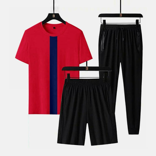 3 Pcs Men's Summer Track Suit – T-Shirt, Trouser & Shorts (Multicolor)