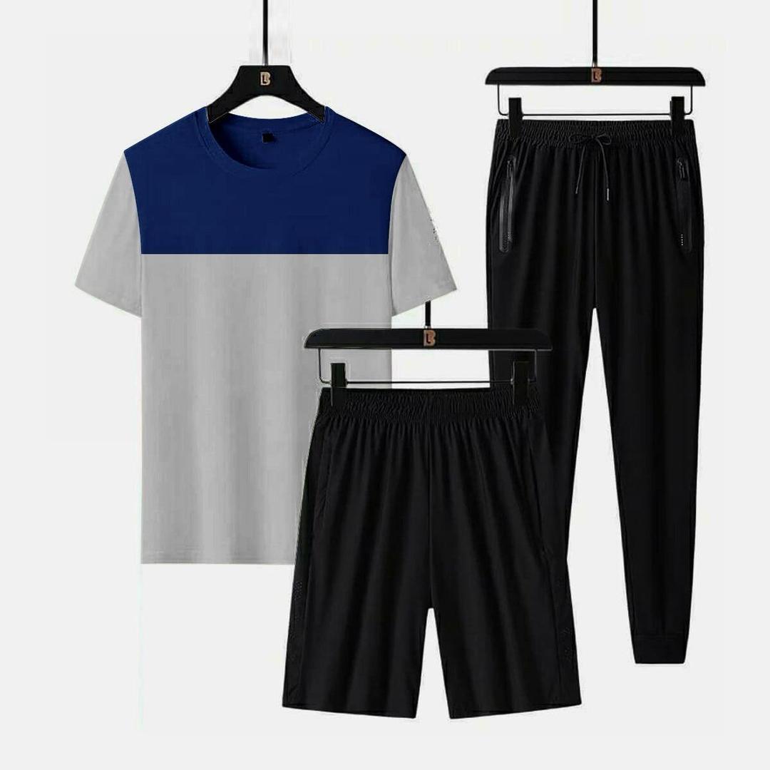 3 Pcs Men's Summer Track Suit – T-Shirt, Trouser & Shorts (Multicolor)