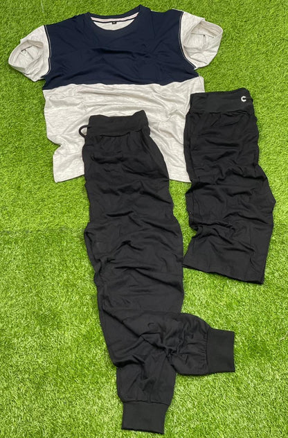 3 Pcs Men's Summer Track Suit – T-Shirt, Trouser & Shorts (Multicolor)