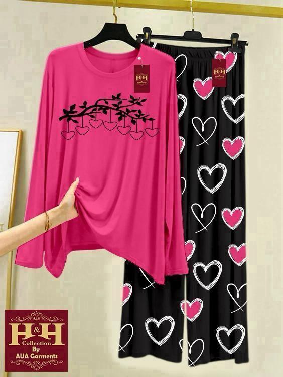 2 Pcs Women’s Printed Night Suit – Soft Cotton Jersey Lounge Wear Set | Comfortable & Stylish Sleepwear