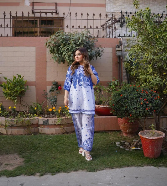 2 Pcs Women's Swiss Lawn Printed Co-Ord Set – Blue | Pista Collection