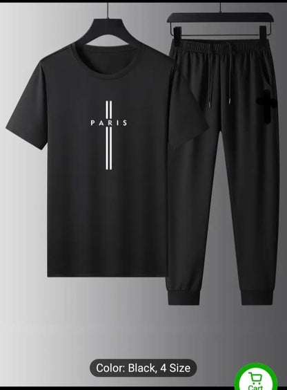 Men’s Black Polyester Track Suit – 2 Pcs Plain Round Neck Activewear Set | Comfortable & Stylish Gym Outfit