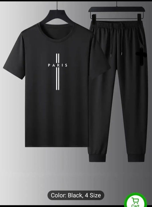 Men’s Black Polyester Track Suit – 2 Pcs Plain Round Neck Activewear Set | Comfortable & Stylish Gym Outfit