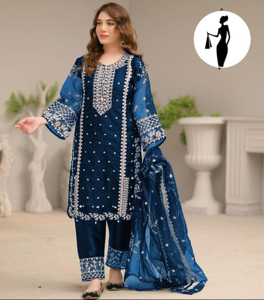 3 Pcs Women's Embroidered Organza Suit – Blue | Ideal Fashion