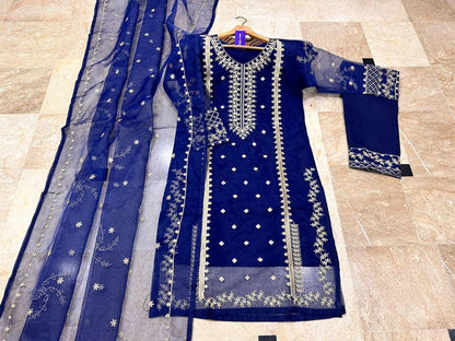 3 Pcs Women's Embroidered Organza Suit – Blue | Ideal Fashion