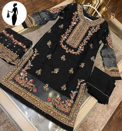 3 Pcs Women's Embroidered Organza Suit | Handwork & Stone Pearls Design