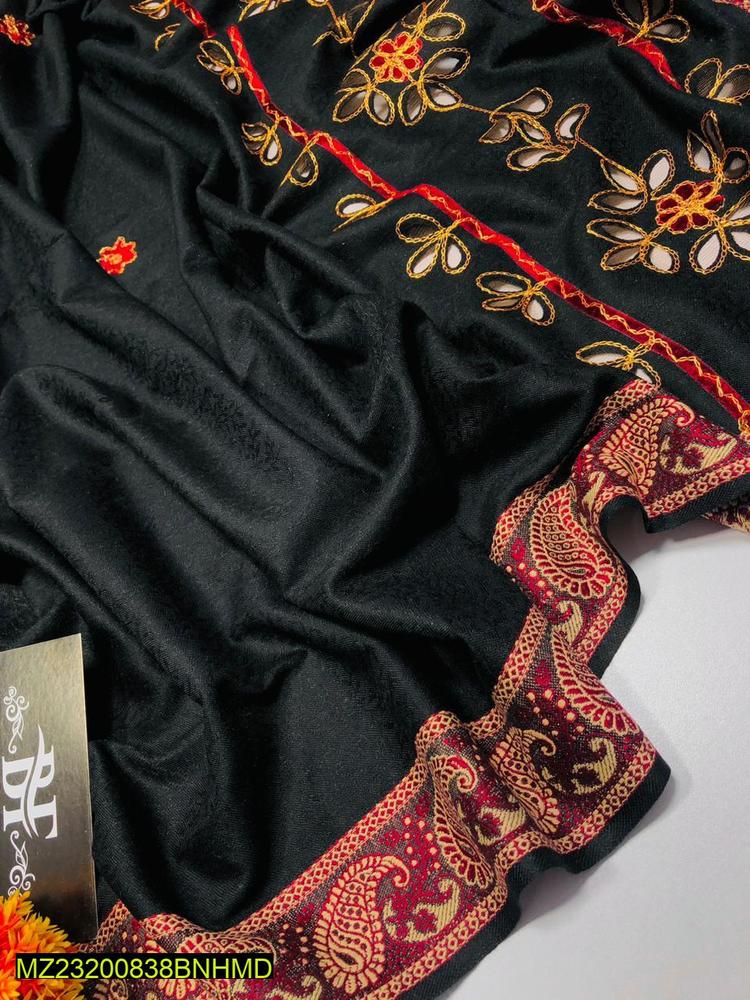 Black shawl with red and gold floral embroidery and paisley border, Indian ethnic fabric