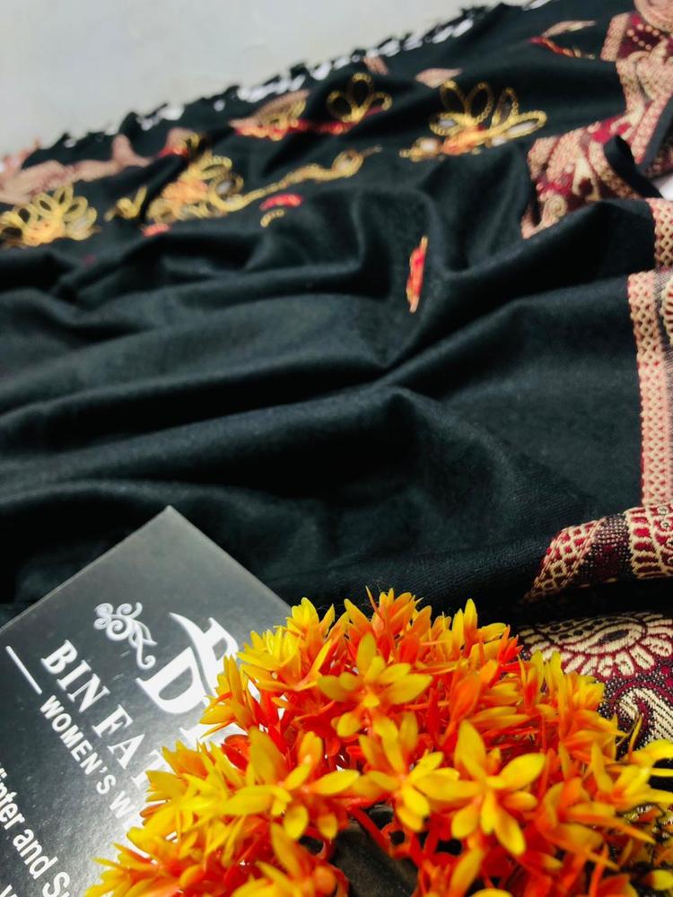 Black embroidered shawl with golden floral designs, orange flowers, Bin Fash label visible