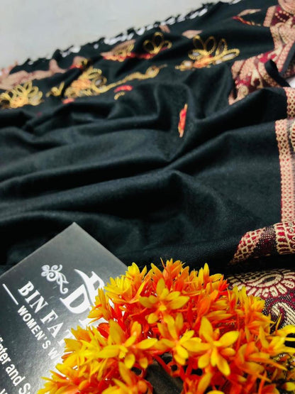 Black embroidered shawl with golden floral designs, orange flowers, Bin Fash label visible