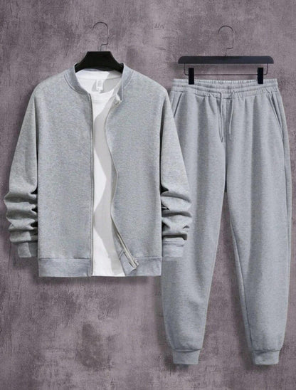 Men’s Fleece Zipper Track Suit – 2 Pcs Warm Winter Outfit | Plain Ban Collar Tracksuit