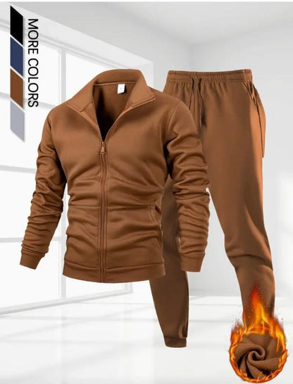 Men’s Brown Fleece Zipper Track Suit – 2 Pcs Warm Winter Outfit | Stylish Ban Collar Tracksuit
