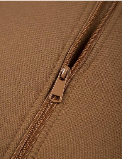 Men’s Brown Fleece Zipper Track Suit – 2 Pcs Warm Winter Outfit | Stylish Ban Collar Tracksuit