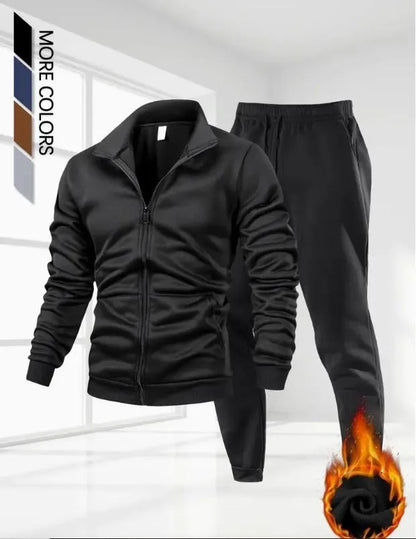 Men’s Black Fleece Zipper Track Suit – 2 Pcs Warm Winter Outfit | Stylish Plain Tracksuit for Men