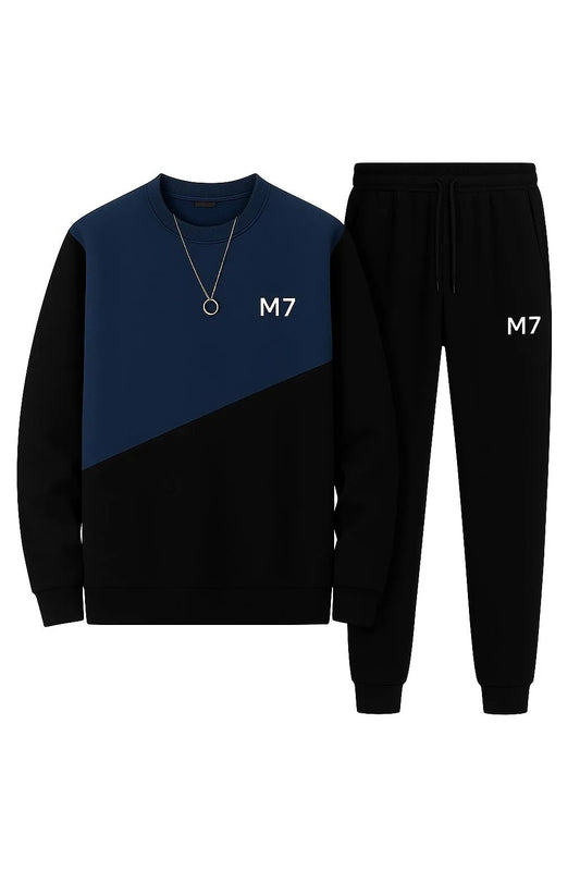 Men’s Blue Fleece Printed Track Suit – 2 Pcs Winter Outfit | Stylish Warm Tracksuit for Men