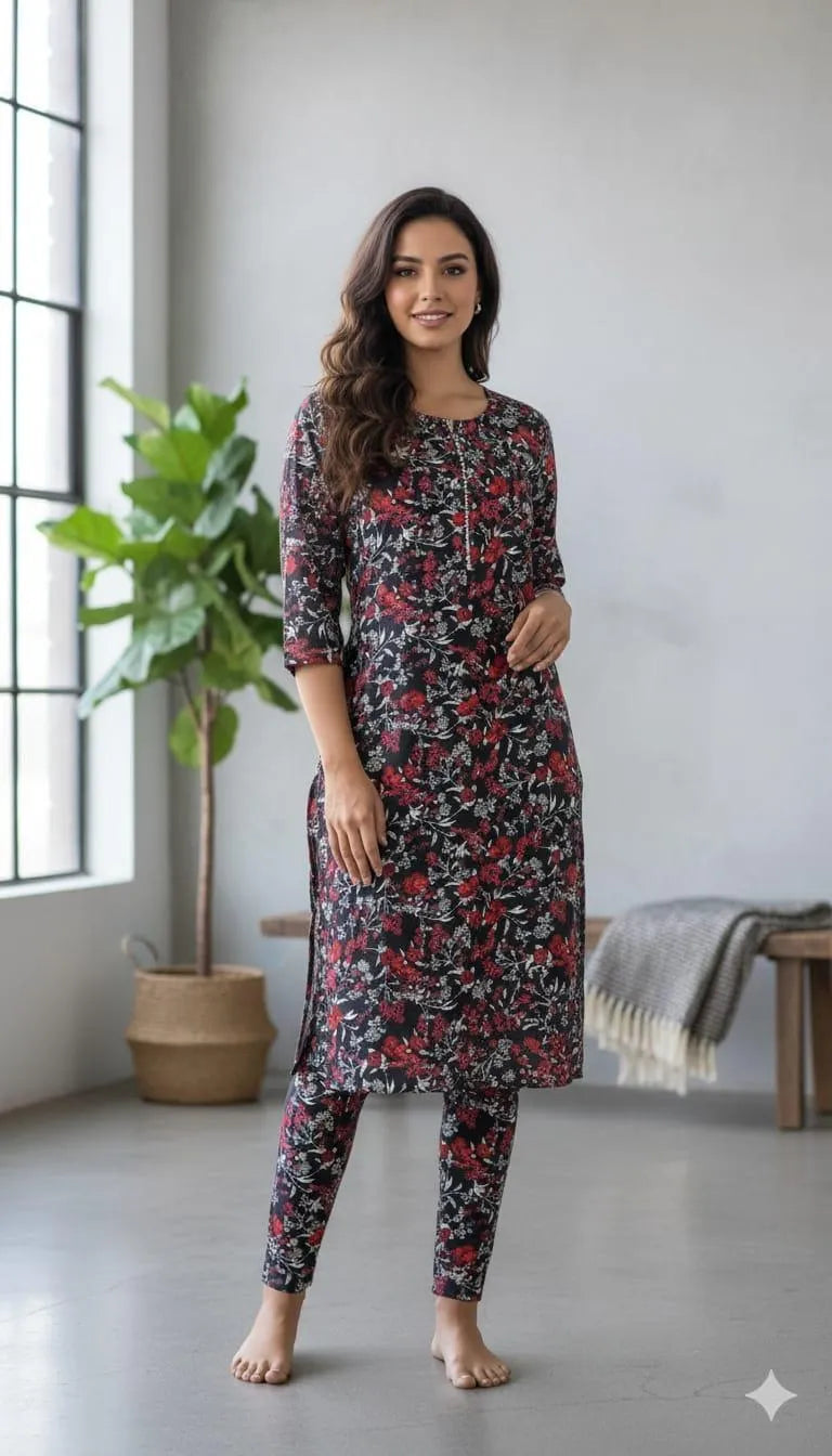 Women’s Printed Crystal Wool Shirt & Trouser Set – 2 Pcs