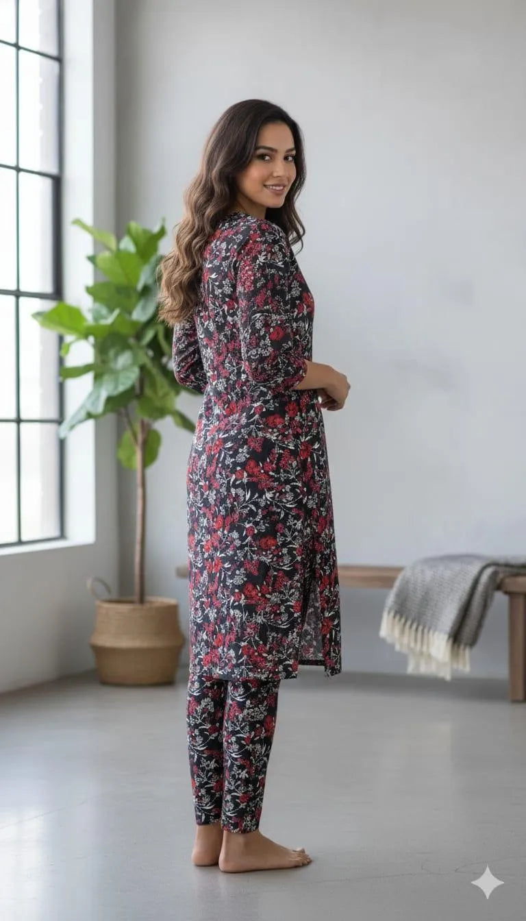 Women’s Printed Crystal Wool Shirt & Trouser Set – 2 Pcs