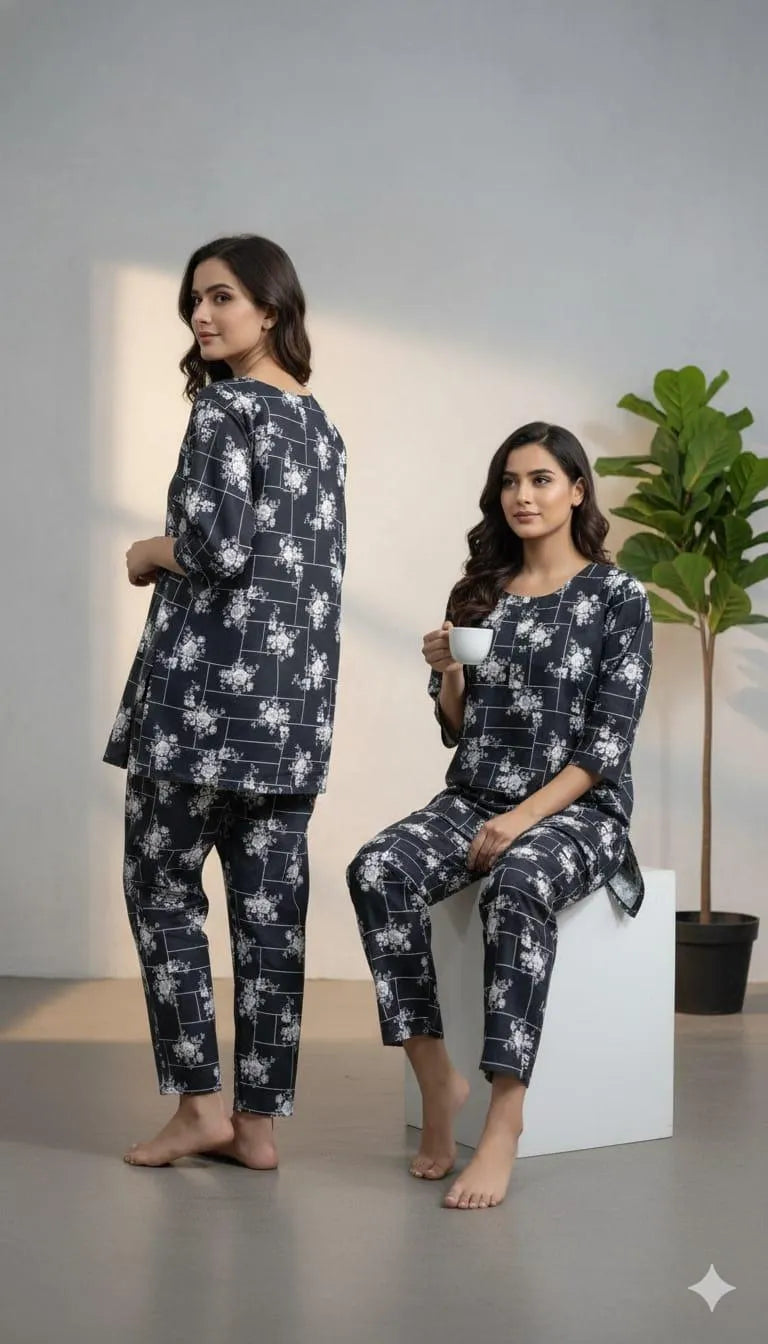 Women's Black Printed Crystal Wool 2-Piece Shirt & Trouser Set