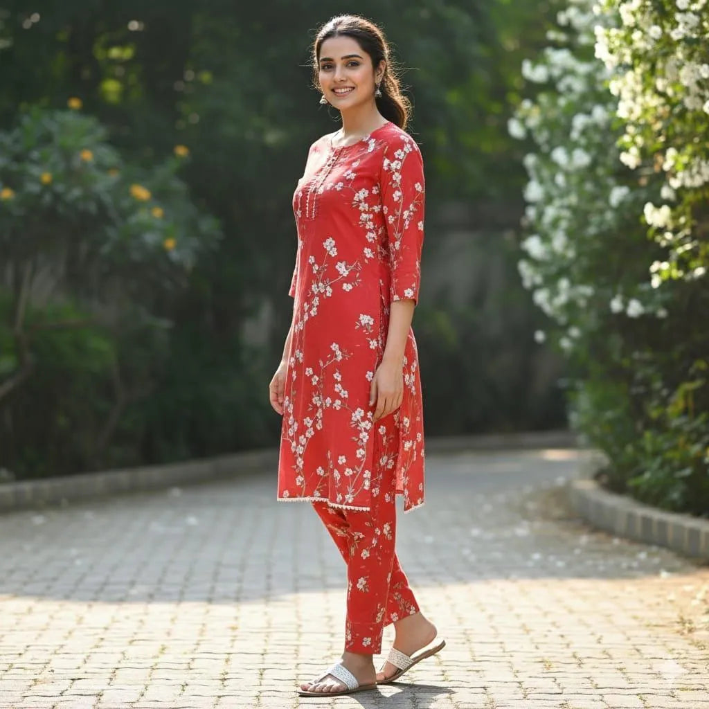 Chic Women's Printed Crystal Wool 2-Piece Stitched Suit – Red