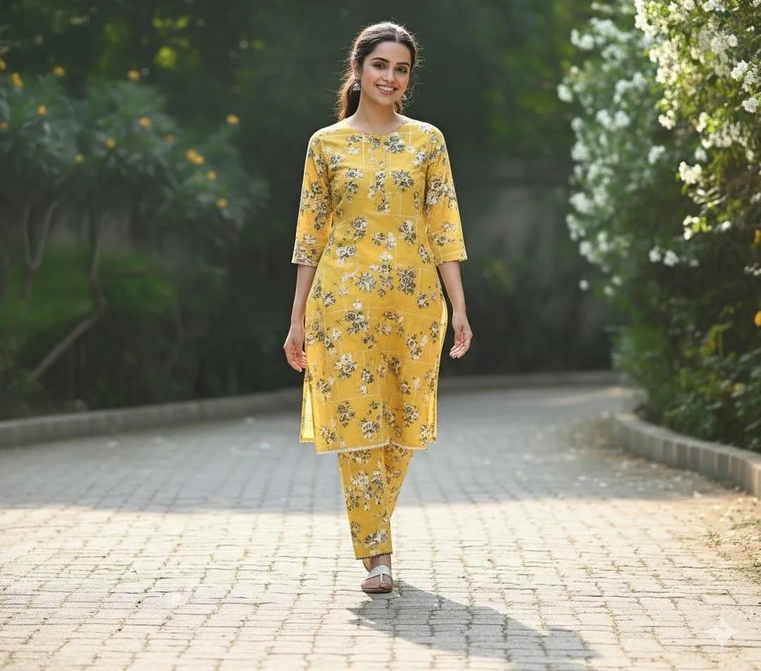 Stylish Printed Crystal Wool Shirt & Trouser Set - 2 Pcs (Yellow)
