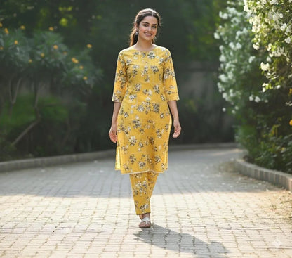Stylish Printed Crystal Wool Shirt & Trouser Set - 2 Pcs (Yellow)