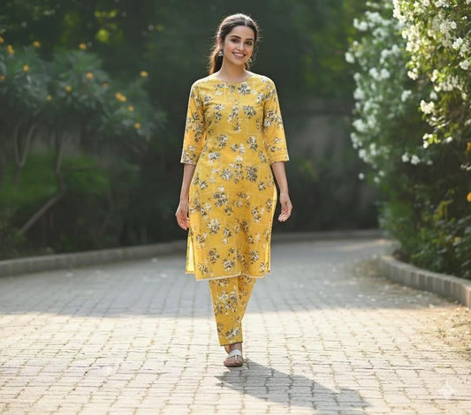 Stylish Printed Crystal Wool Shirt & Trouser Set - 2 Pcs (Yellow)