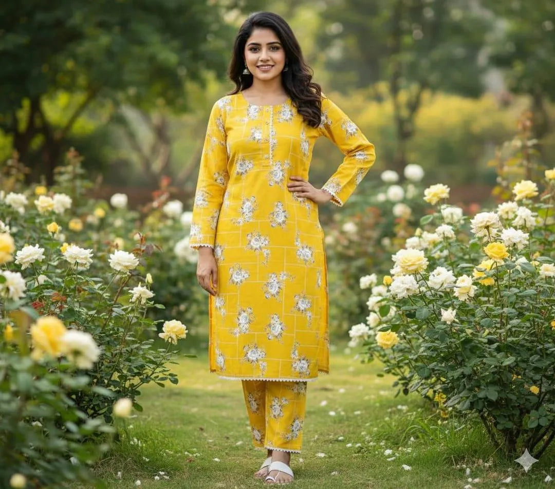 Stylish Printed Crystal Wool Shirt & Trouser Set - 2 Pcs (Yellow)