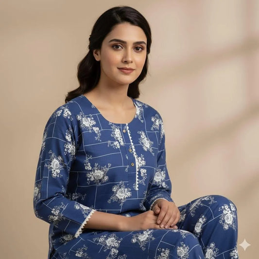 Trendy Printed Crystal Wool Shirt & Trouser Set - 2 Pcs (Blue)