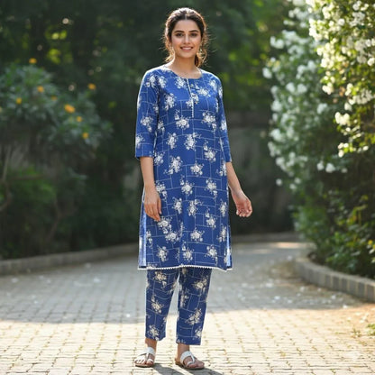 Trendy Printed Crystal Wool Shirt & Trouser Set - 2 Pcs (Blue)