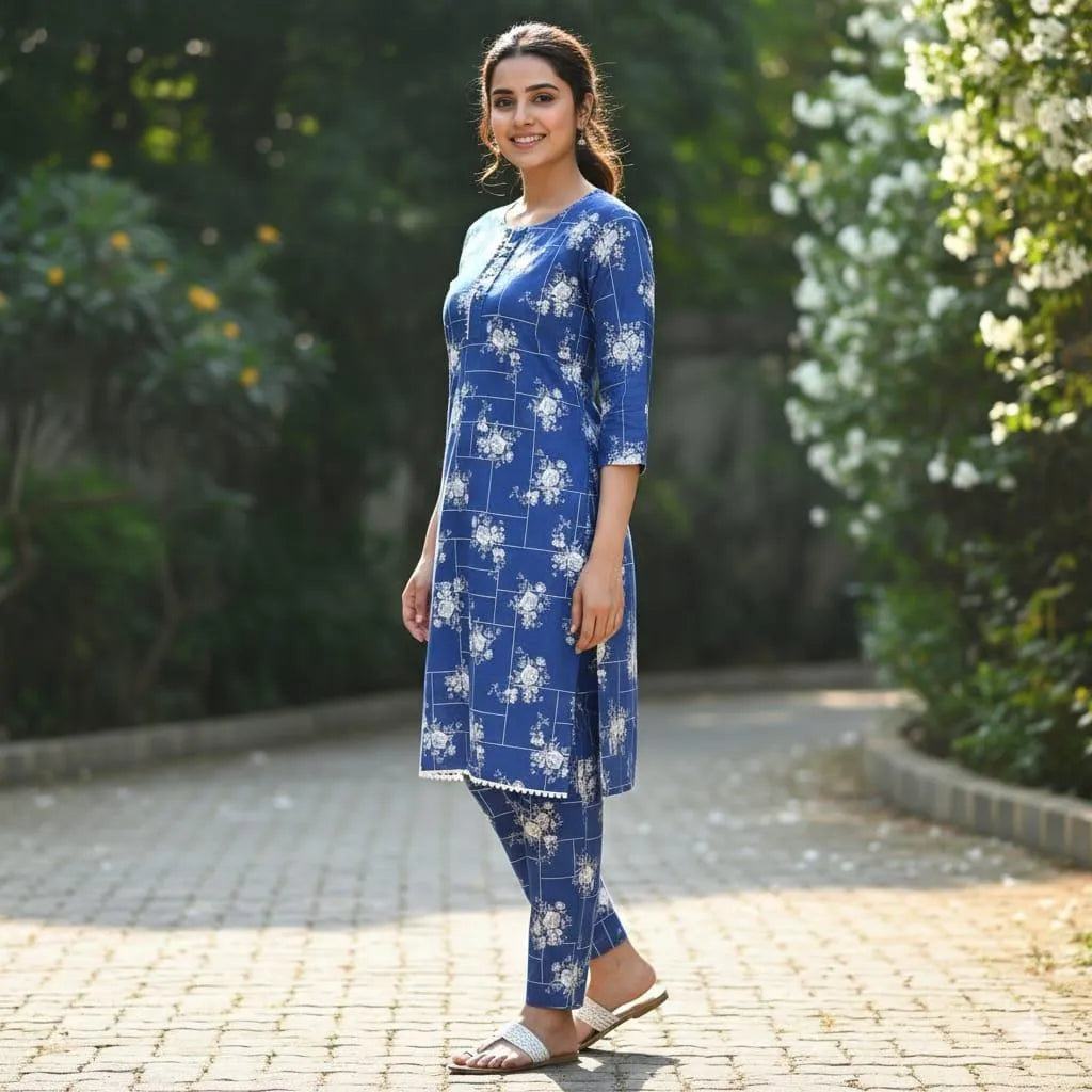 Trendy Printed Crystal Wool Shirt & Trouser Set - 2 Pcs (Blue)