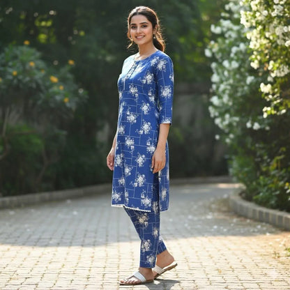 Trendy Printed Crystal Wool Shirt & Trouser Set - 2 Pcs (Blue)