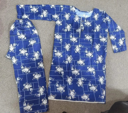 Trendy Printed Crystal Wool Shirt & Trouser Set - 2 Pcs (Blue)