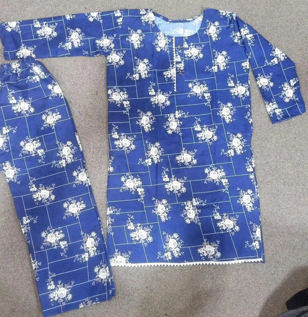 Trendy Printed Crystal Wool Shirt & Trouser Set - 2 Pcs (Blue)