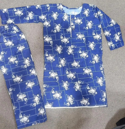 Trendy Printed Crystal Wool Shirt & Trouser Set - 2 Pcs (Blue)